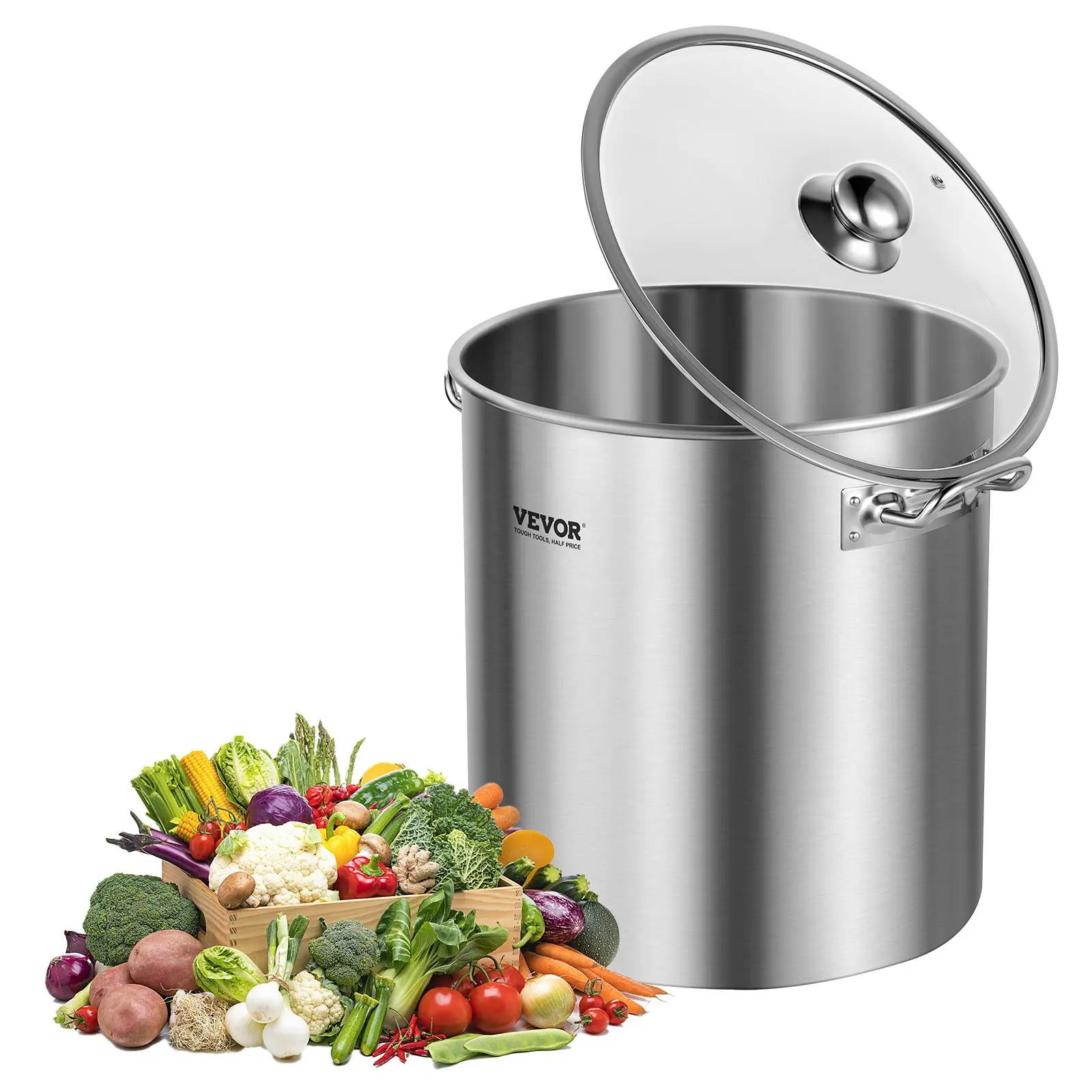 【Summerfinds】VEVOR Stainless Steel Stockpot, 24 Quart Cooking Pots, Cookware Sauce Pot with Lid, and Handle, Heavy Duty Commercial Grade Stock Pot, Sanding Treatment, for Steaming Boiling or Frying Silver