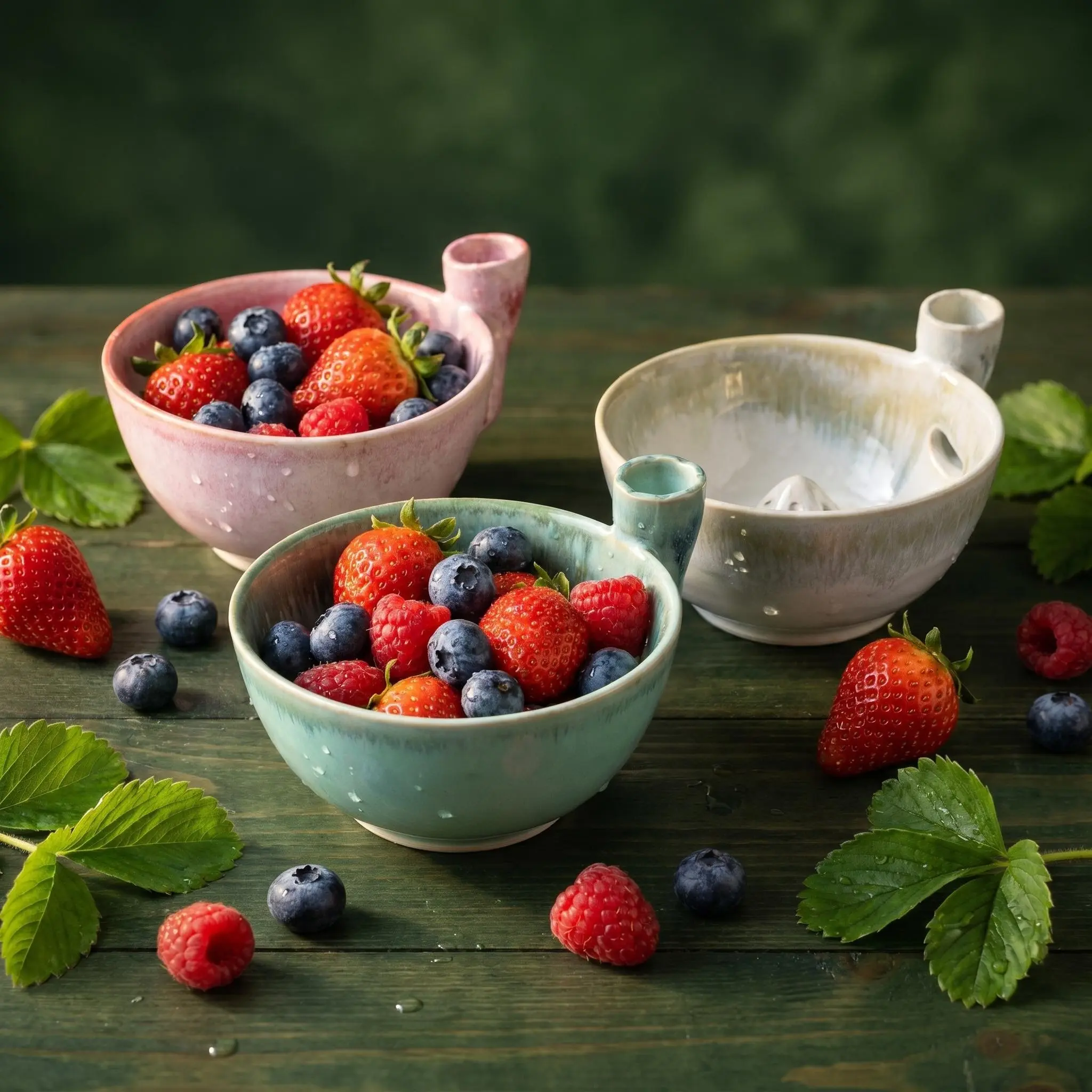 Self-Rinsing Berry Cleaning Ceramic Bowl, Porcelain Fruit Basket with Holes, Kitchen Counter Use, Turbulent Wash, Hole Design