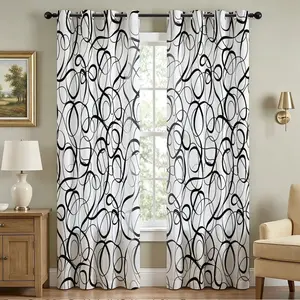 Blackout Black White Abstract Swirl Curtains, Light Blocking Minimalist Line Art Window Drapes for Bedroom Living Room,  Grommet Top 2 Panels