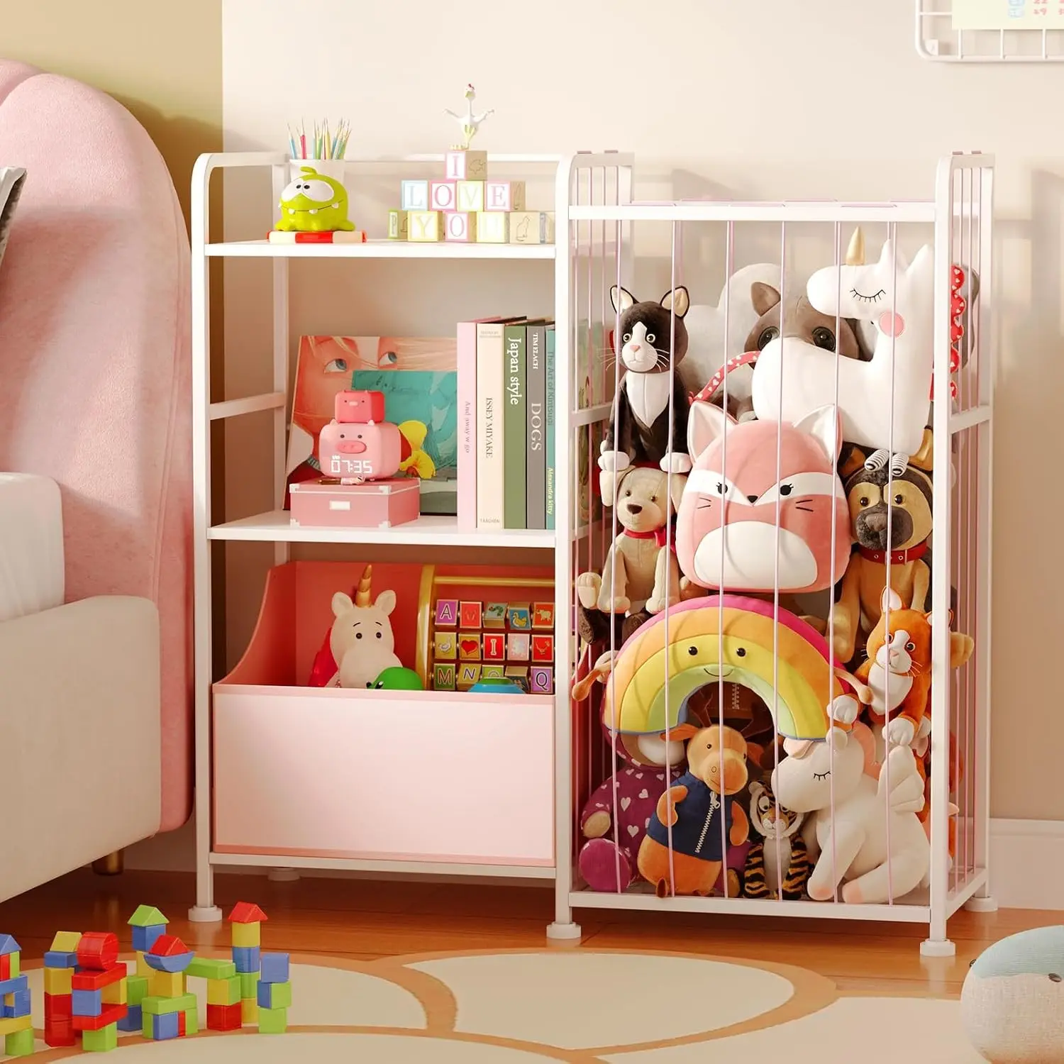 Kids Bookshelf and Toy Storage Organizer, Stuffed Animal Storage Holder with Fabric Toy Chest, 2-Tier Toddler Book Shelf for Kids Room, Playroom, Nursery, Pink