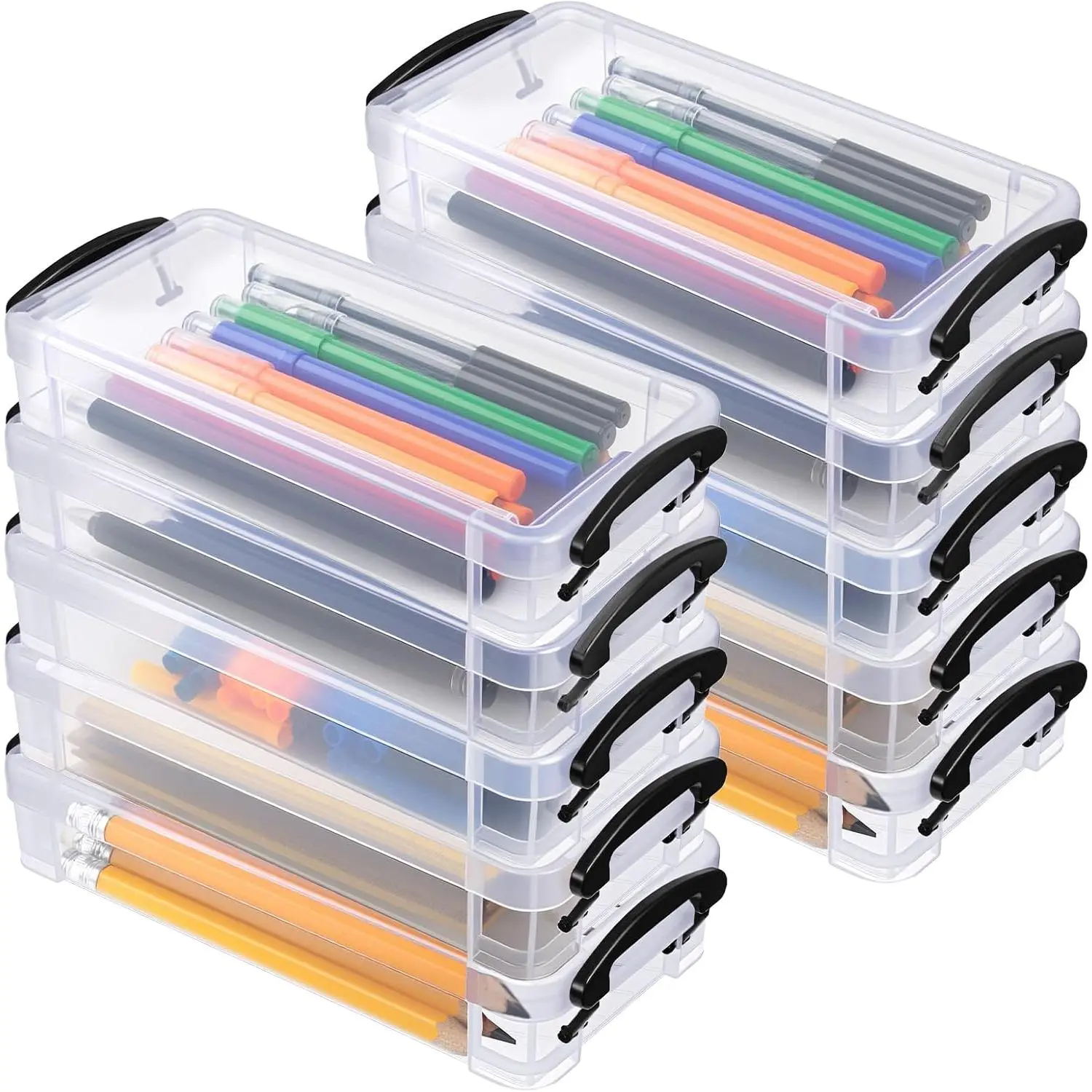 10 Pack Plastic Pencil Storage Boxes, Large Clear Stackable Organizer With Lid For Pens Markers Crayons Office Art Craft Supplies