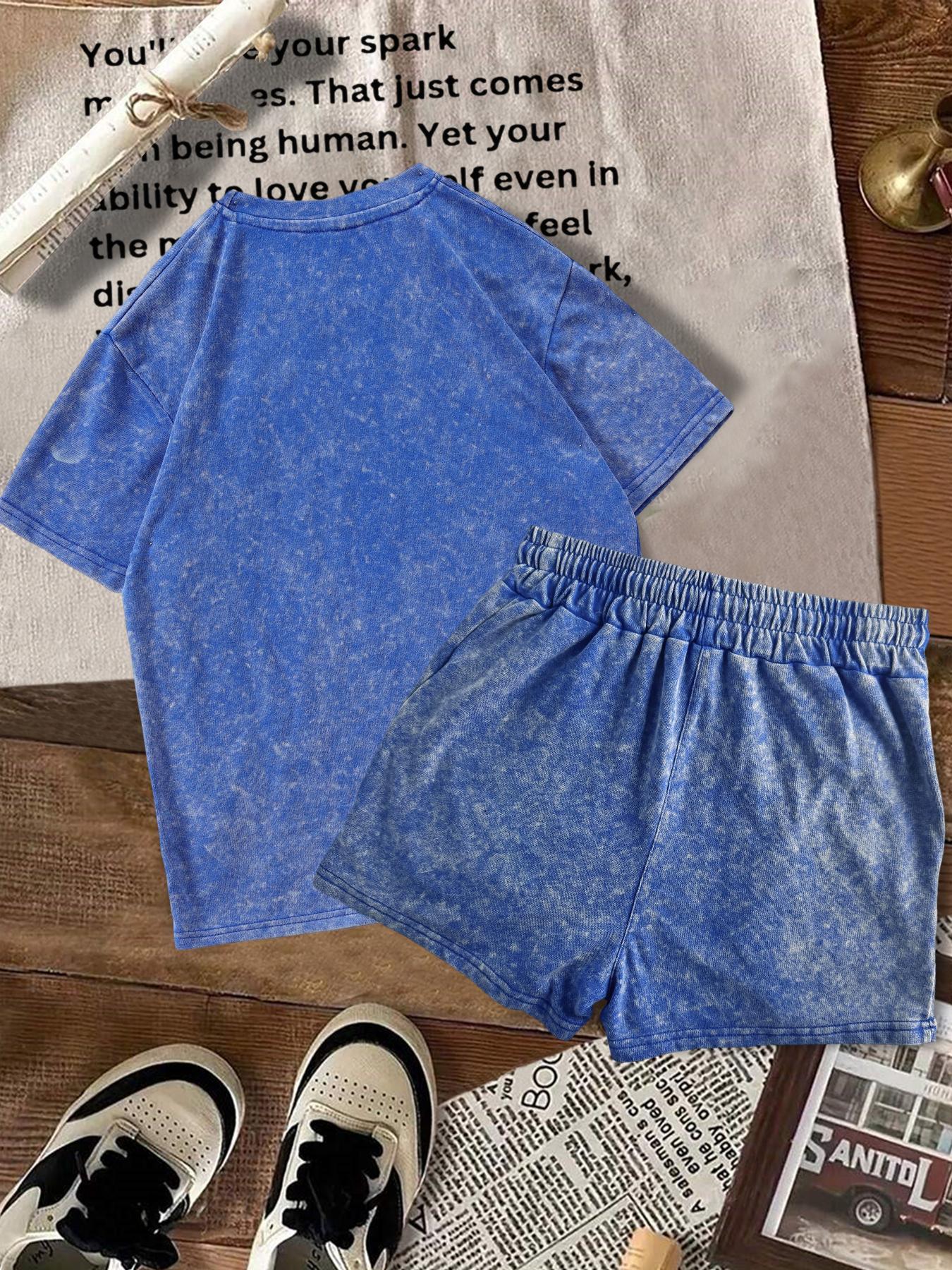 Two-piece Set Women's Solid Color Denim-effect Print Tee & Shorts, Casual Basic Round Neck Short Sleeve T-shirt & Shorts, Ladies Summer Clothes for Daily Wear, Matching Clothing Set Two-piece Set Women's Solid Color Denim-effect Print Tee & Shorts, Casual Basic Round Neck Short Sleeve T-shirt & Shorts, Ladies Summer Clothes for Daily Wear, Matching Clothing Set