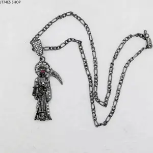 Men’s Santa Muerte Holy Death Figaro Chain Necklace, Polished Alloy Santisma Muerte Pendant Jewelry, Trendy Neck Accessory, Unique Gift for Camping Hiking Hammock Lovers
