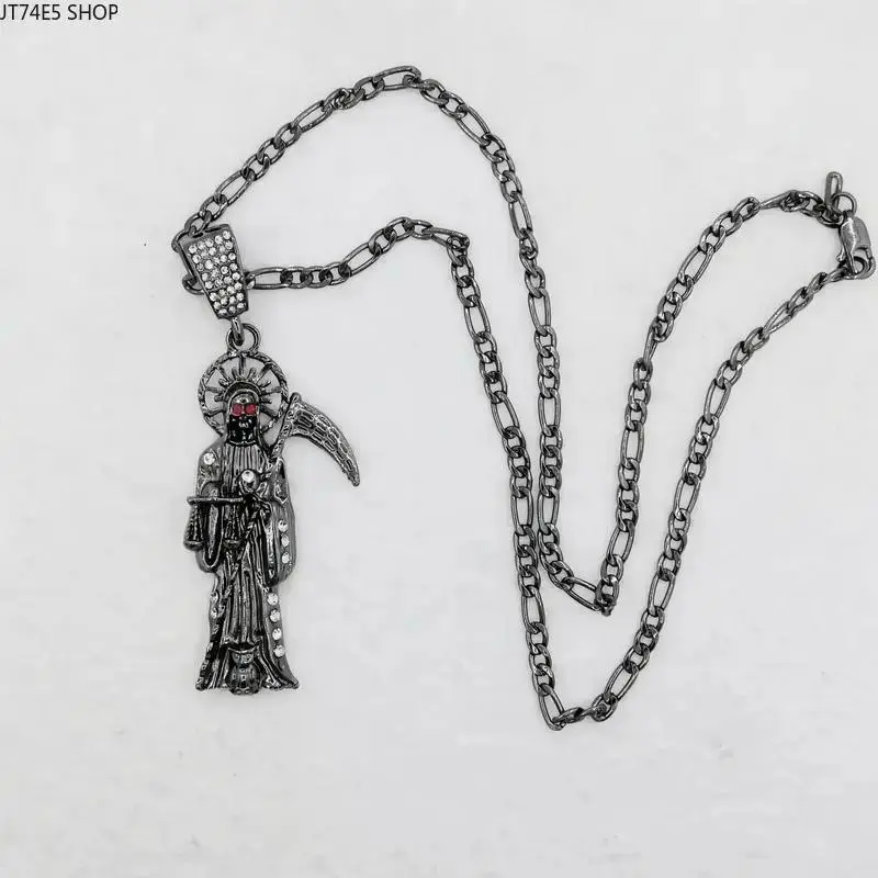 Men's Santa Muerte Figaro Chain & Link Necklace, High-Gloss Polished Alloy, Casual Statement Jewelry for Daily Wear, Outdoor, Streetwear, Hammock, Camping, Spiritual Icon, Pendant Charm