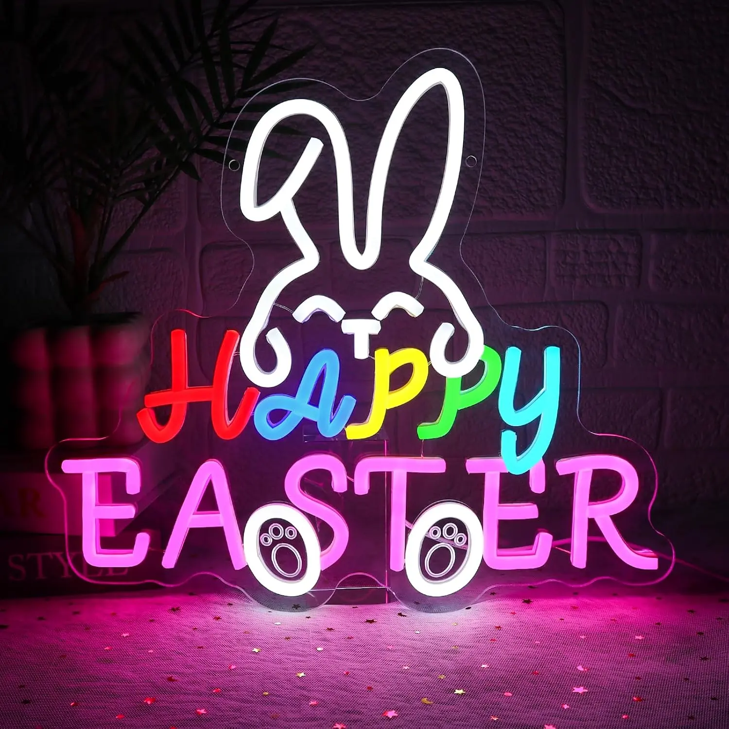 Happy Easter Neon Sign for Wall Decor Dimmable Bunny Led Sign for Bedroom Easter  Neon Light for  Party Living Room Kitchen Shop Door Yard Bar Classroom Church Art Decoration