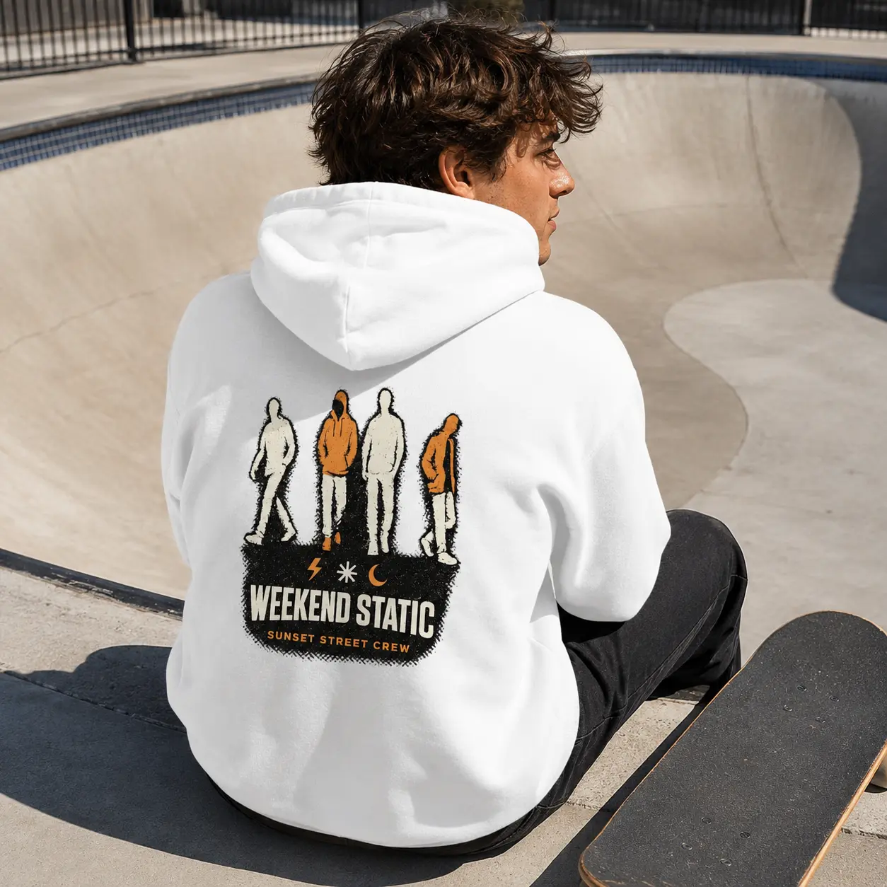 Retro Street Crew Weekend Static Hoodie | Urban Figure Silhouette Grunge Hip‑Hop Streetwear Back Print Pullover Sweatshirt