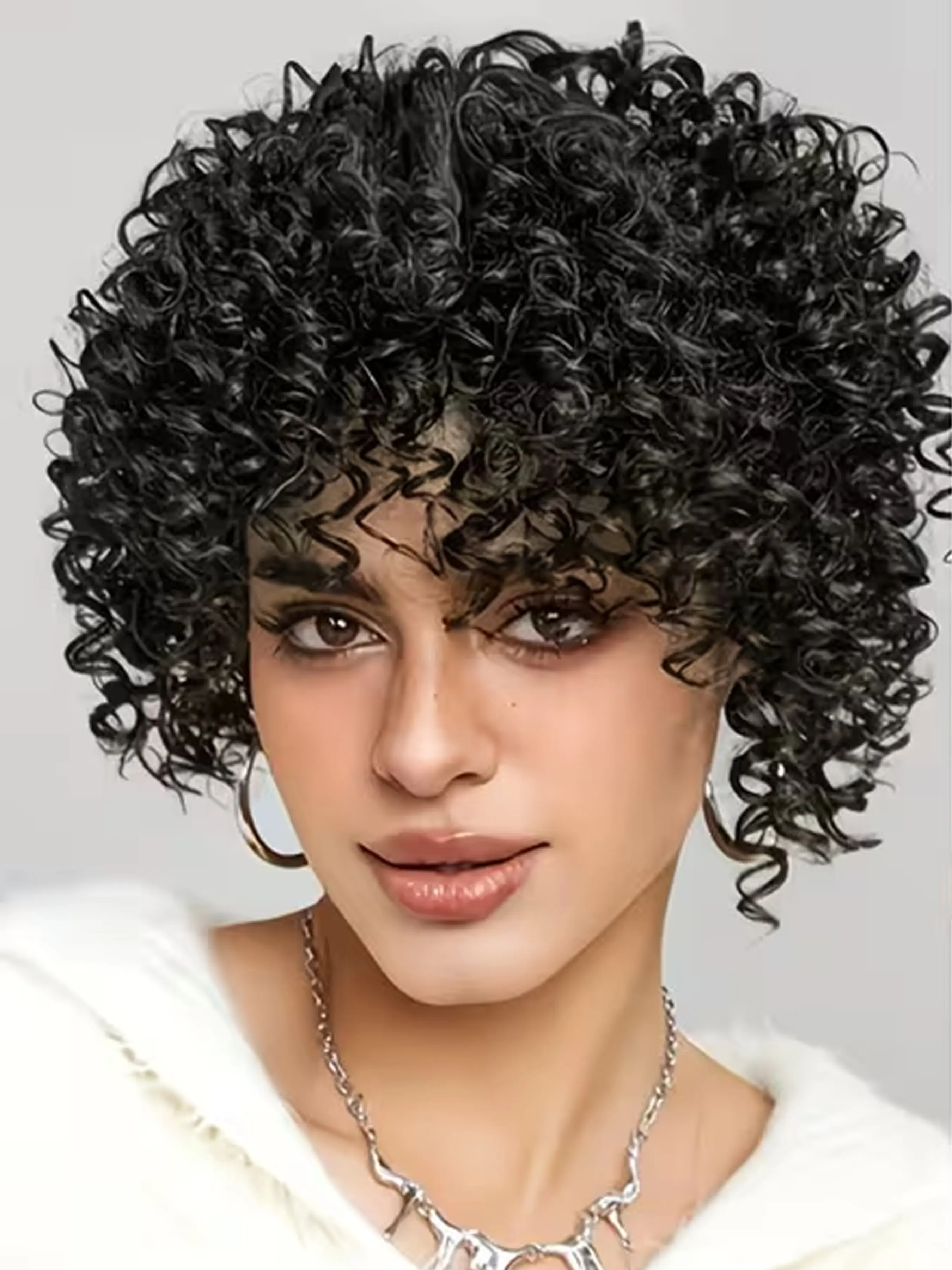 Synthetic Curly Wavy Hair Topper with Bangs, Short Fluffy Afro Kinky Curly Half Wigs, Clip in Hair Piece for Women, Soft Wavy Curly, All Seasons