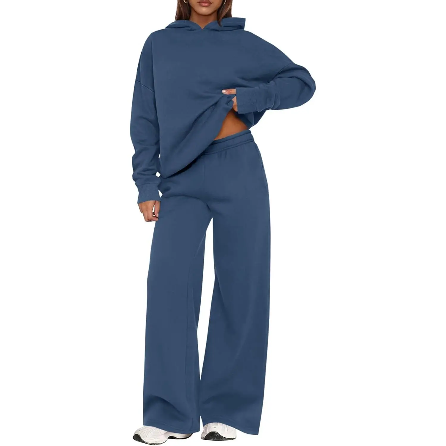 Women's 2-Piece Knit Sweatsuit - Dark Green, Wine Red, Long-Sleeve Hoodie/Jumper, Loose Wide-Leg Sweatpants, Comfortable Motion, Casual Fall Winter Tracksuit