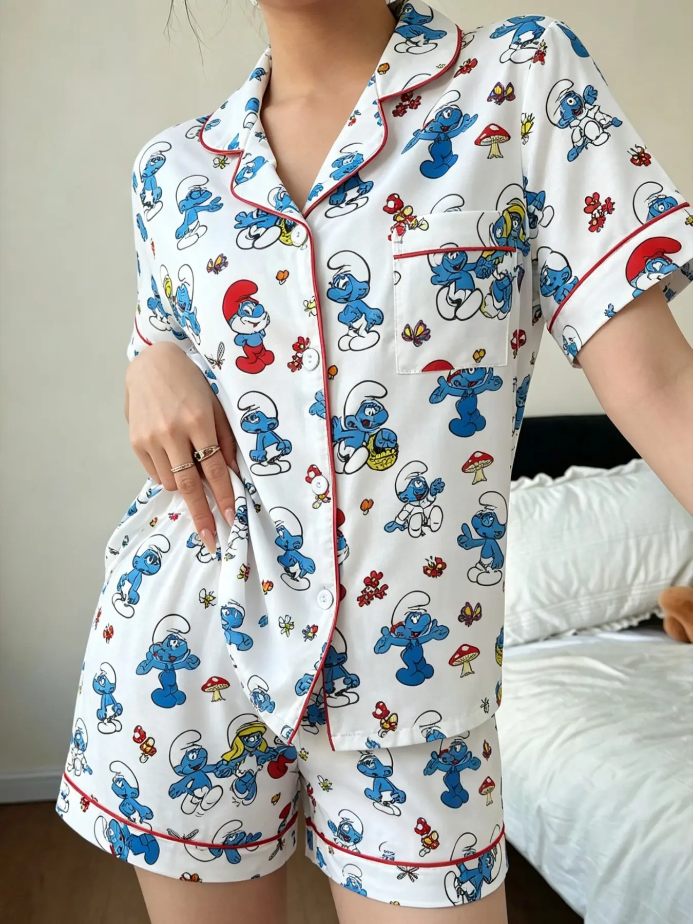 Women's Pajama Set, Cute Cartoon Print, Soft Breathable Two-Piece, Summer Home Wear, Sweet Forest Fairy Butterfly Pattern, Daily Comfort