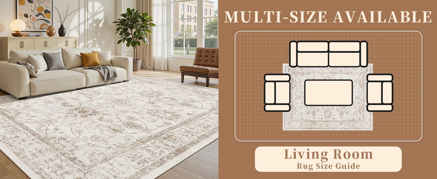 Washable 6x9 Area Rugs for Living Room, Vintage Natural Rug with Non-Slip Backing, Soft Stain Resistant Throw Rugs Thin Carpet for Bedroom Dining Room Farmhouse (6 x 9, Brown/Ivory)