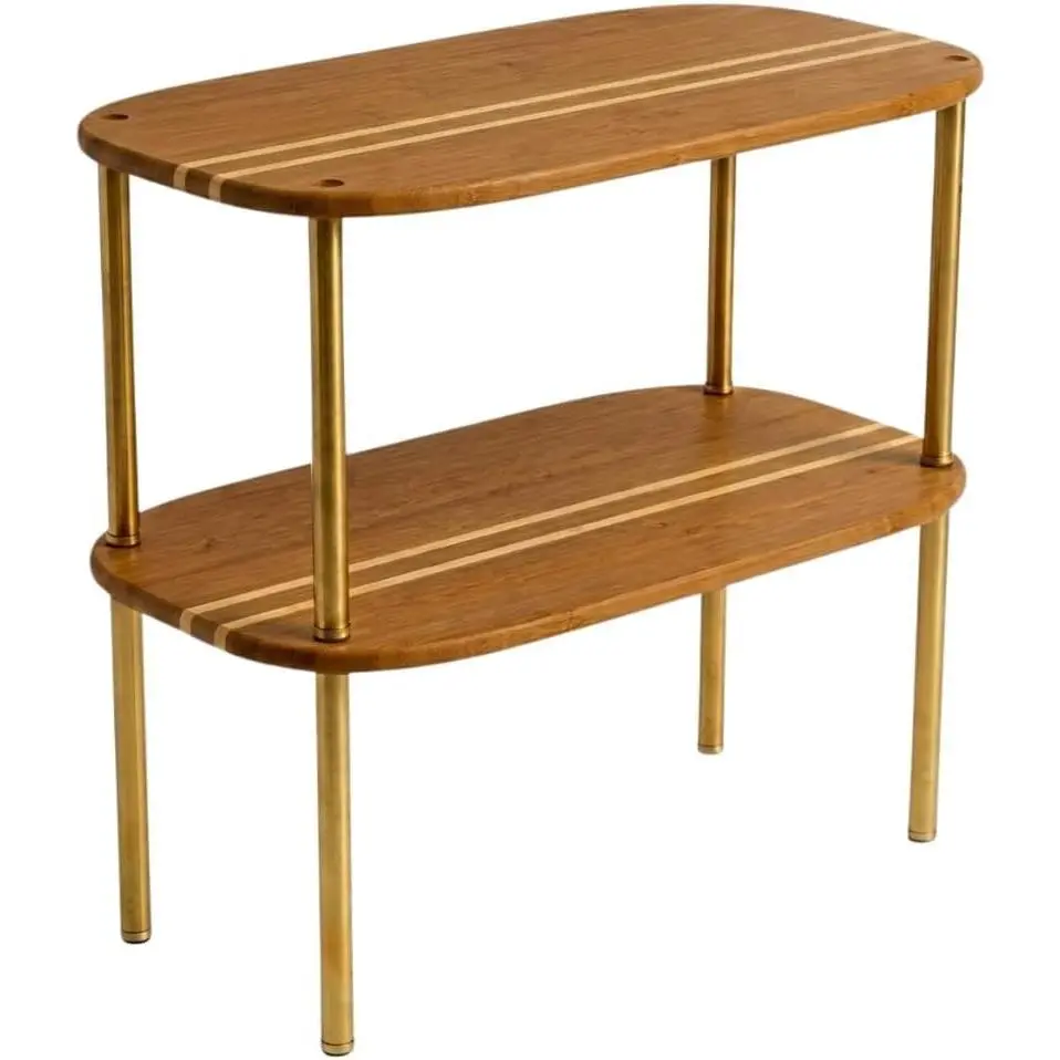 Cabinet Organizer Set of 2 - Kitchen Pantry Organizers and Storage with Bamboo Top & Brass-Effect Metal Legs - for Kitchen Counter & Stackable Shelves for Cabinets with 22 lb Capacity - Brown