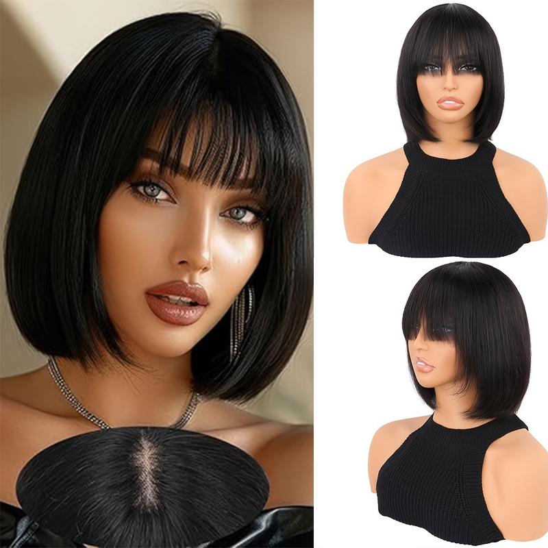 Wholesale Fashionable 10 Inch Short Bob Human Hair Wig with Straight Bangs, Natural Black Color, Density Rose Net Cap for Women, Shoulder-Length Sleek Bob Hairstyle, Middle Part with Neatly Trimmed Ends, Versatile Styling Options, Suitfor All Ethni