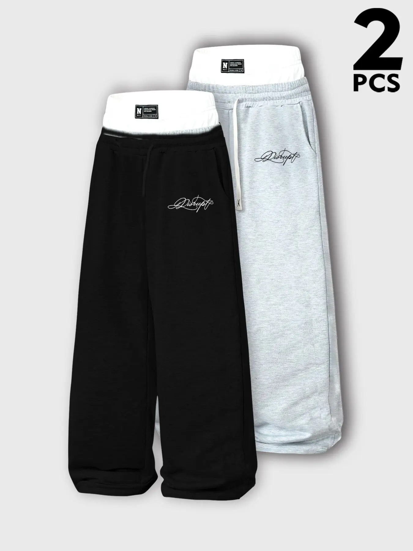 Two‑piece Set Men's American Vintage Wide‑Leg Sweatpants, Plaid‑Spliced High‑Waisted Drawstring Hand‑Printed Loose Street‑Style Sport Trousers, Breathable Casual Long Pants Suitable for Street Dance, Skateboarding, Campus, Daily Commute, Couple‑Wear and L