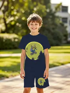 Boys' 3D Short Sleeve Set Simpsons Moon Cycling Print Shorts Two-Piece Summer, Casual Slim-Fitting, Perfect for Outdoor Activities