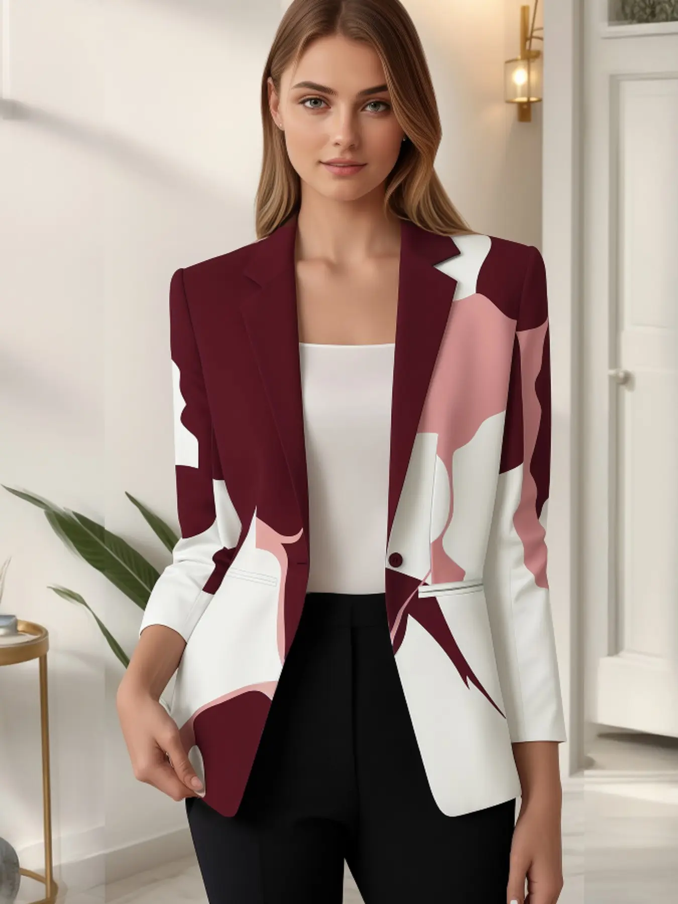 Women's Fashion Printed Fitted Jacket, Stylish Blazer for All Seasons, Casual Outerwear with All over Print, Plain Surface Design