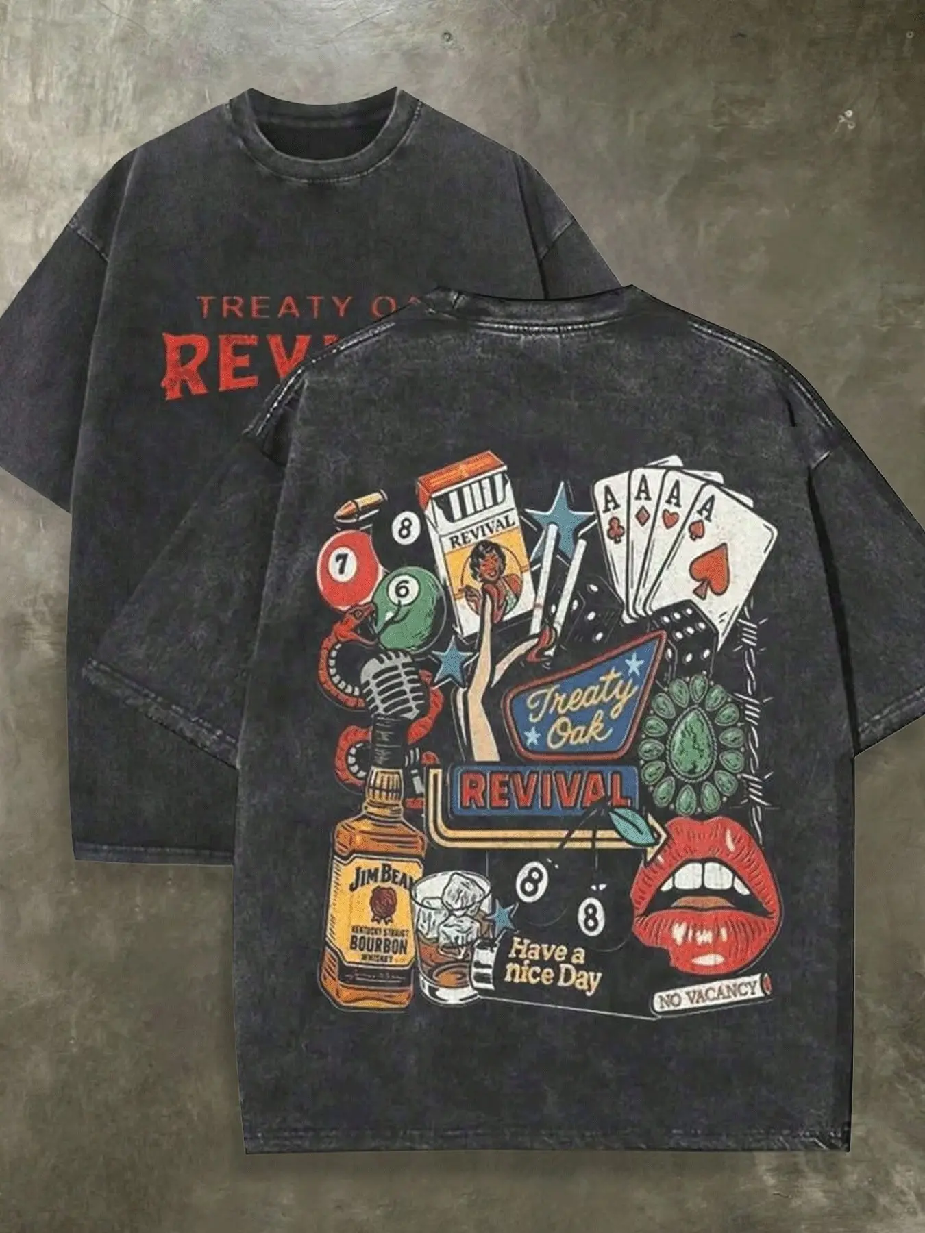 Men's Washed Black Vintage Casino Graphic Short Sleeve Tee, Streetwear Oversized Crew Neck T-shirt, Y2K Retro Bar Poker Print Aesthetic & Washed Cotton Fabric, All-Match Hip Hop Casual Daily Top for Men