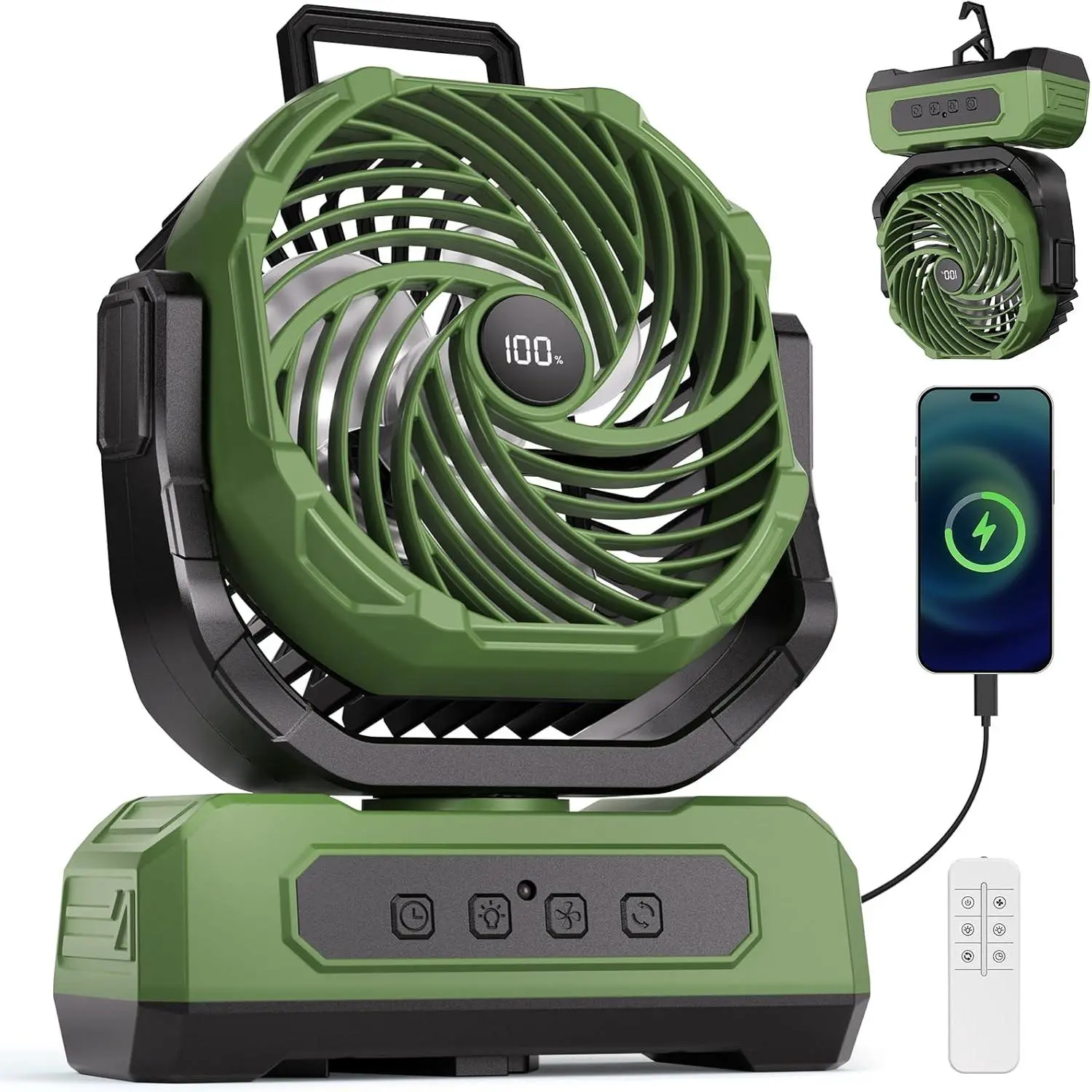 30000mAh Portable Camping Fan with RGB Lantern, Rechargeable   Oscillating 4 Wind Speeds LED Display, Remote Control Timer Tent Beach Cordless USB Fans for Travel  Outdoor, Green