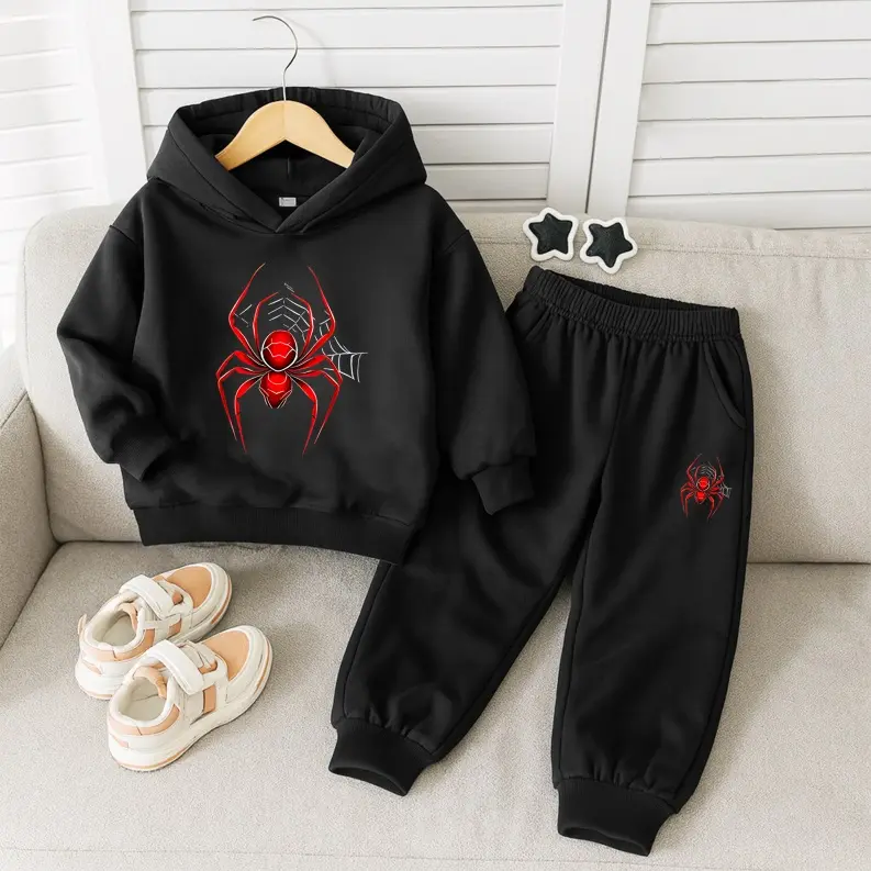 Unisex Cartoon Spider Print Hoodie Tracksuit Set, Fleece-Lined Sweatshirt & Joggers, Fall & Winter Casual Outfit for Indoor & Outdoor Wear