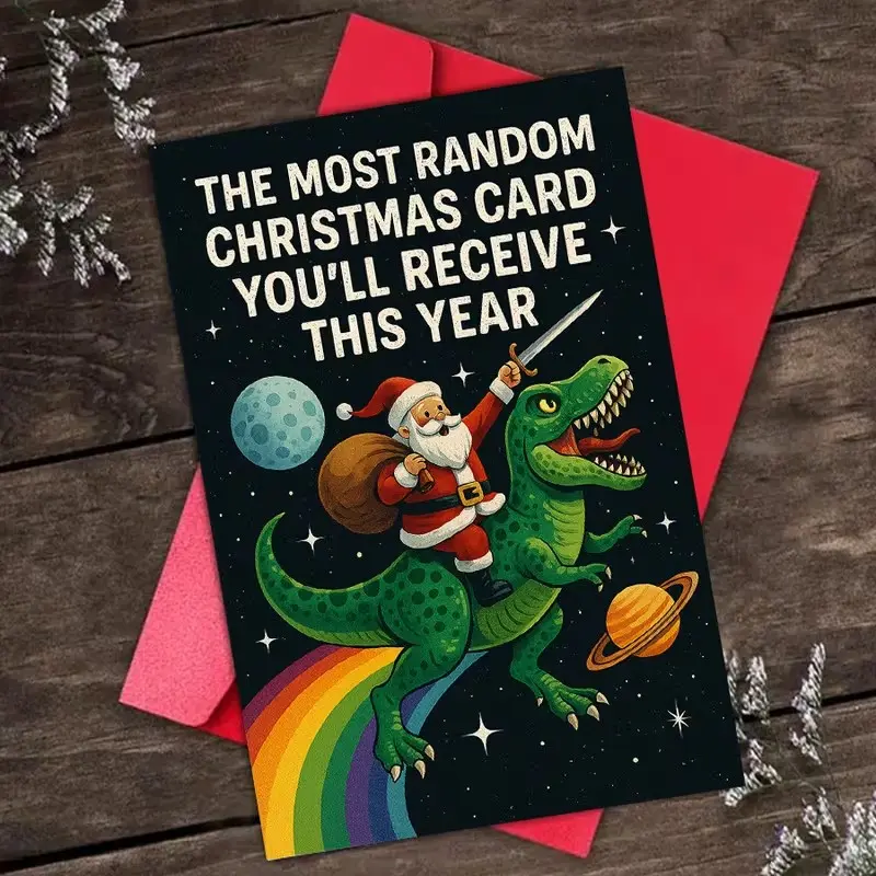 Funny Santa Claus Riding Dinosaur Christmas Card, High-Quality Paper with Envelope, Quirky Holiday Greeting, Joke Gift for Adults