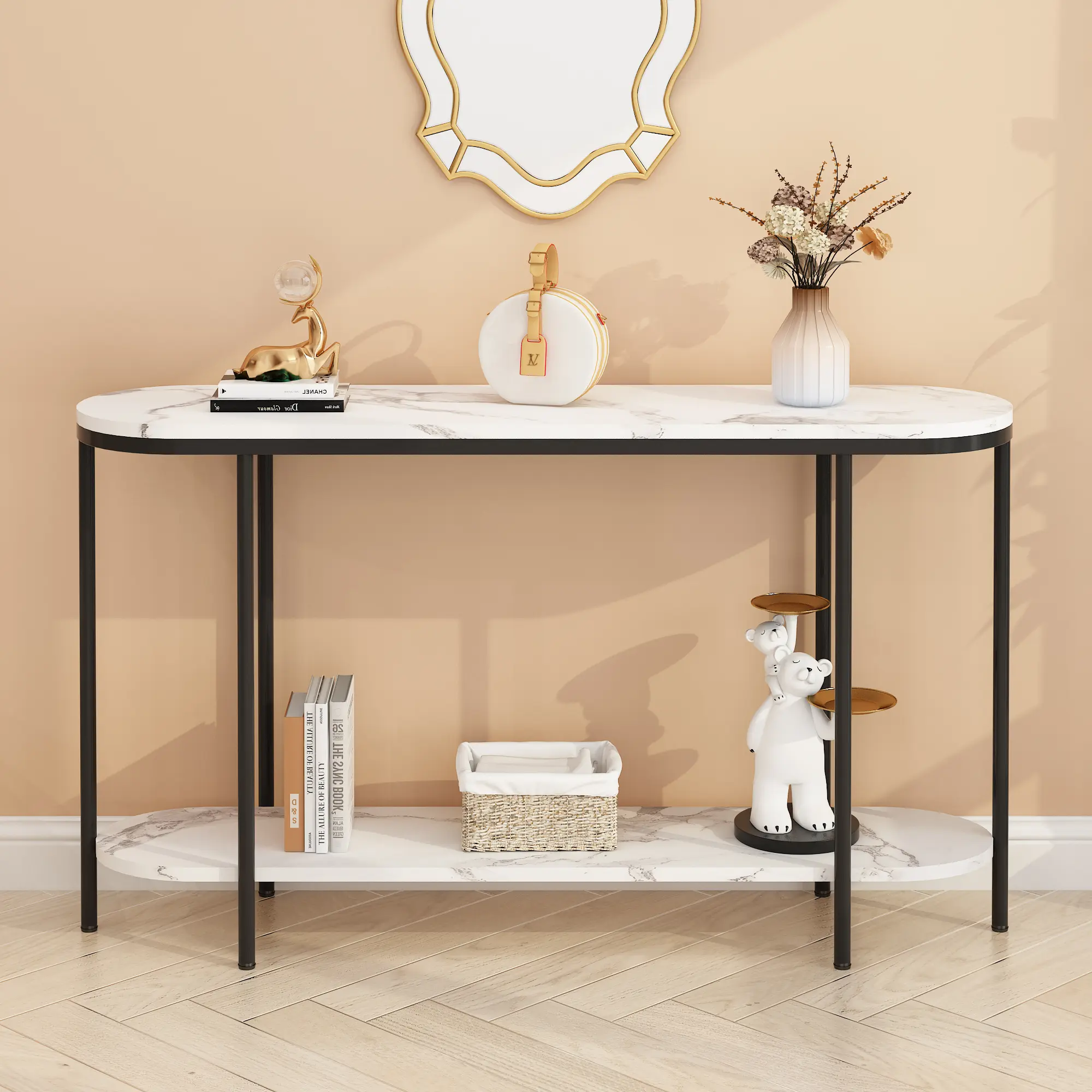 Console Table 2 Tier Narrow Entryway Table with Storage Shelves, Faux Marble Narrow Table for Living Room, Bedroom, Hallway, Office, Easy Assembly, Black and White