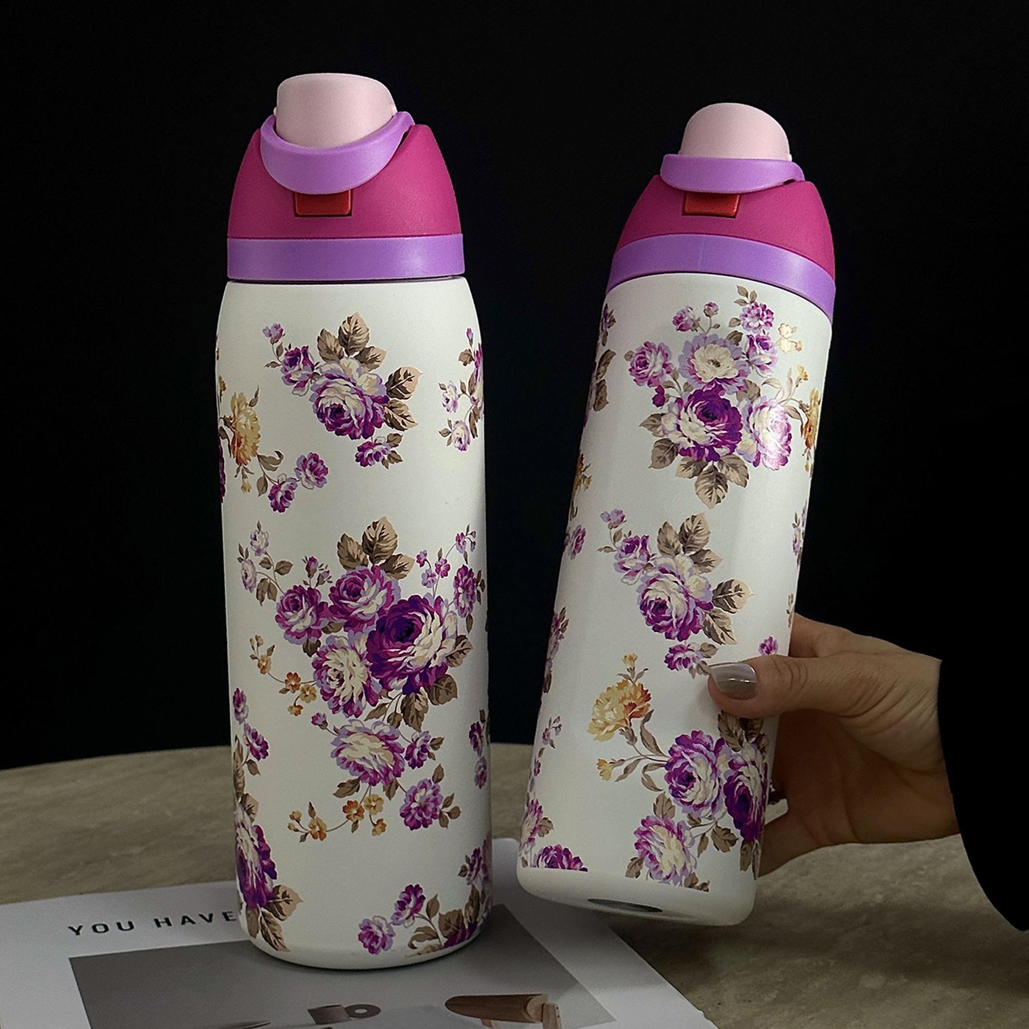 Floral Pattern Vacuum Flask, 1 Count 24oz/32oz/40oz Stainless Steel Insulated Water Bottle with Straw, Drinking Cup for Home Office School Outdoor, Drinkware Thermo Tumbler, Tumbler with Lid