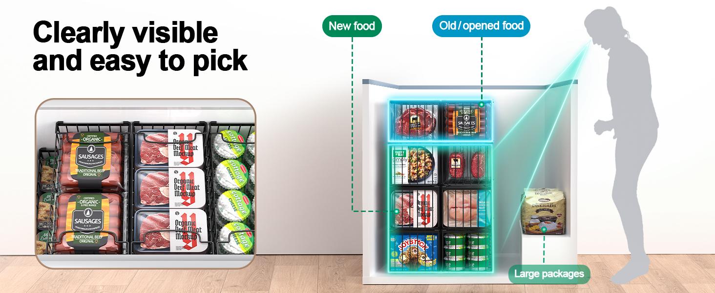 Organizer Bins, 4 Pack Stackable Deep Chest Freezer Organizer Bins, Foldable Baskets with Handles, Black Storage Container Baskets for 5/ 7 Cu.FT Deep Freezer Sort Frozen Meats