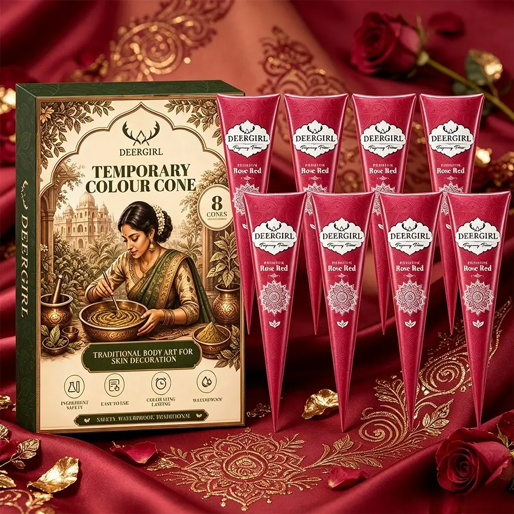 8-pack cherry red henna tattoo cones, mild natural plant paste with rich vibrant color, long waterproof sweat-resistant finish. Traditional Indian body art supplies for skin & nail patterns, vintage temporary decor perfect for festivals and weddings.