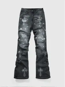 Men's Loose-Fit Denim Jeans with Cross Design, Ankle-Length Button Fly Pants, Street Style Casual Wear, All-Season Gothic Fashion