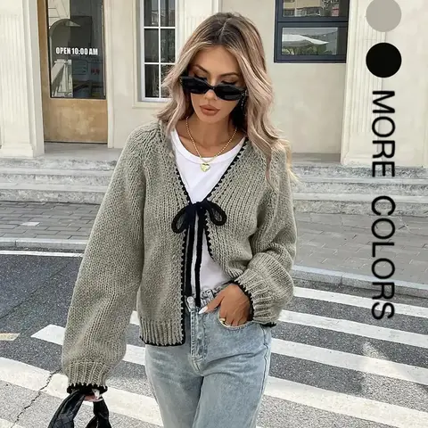 New Contrast Color Knitted Cardigan with Self-Tie Long Sleeves, Stylish Casual Knit Sweater Jacket for Women, Unique Design for Everyday Looks, Fashion