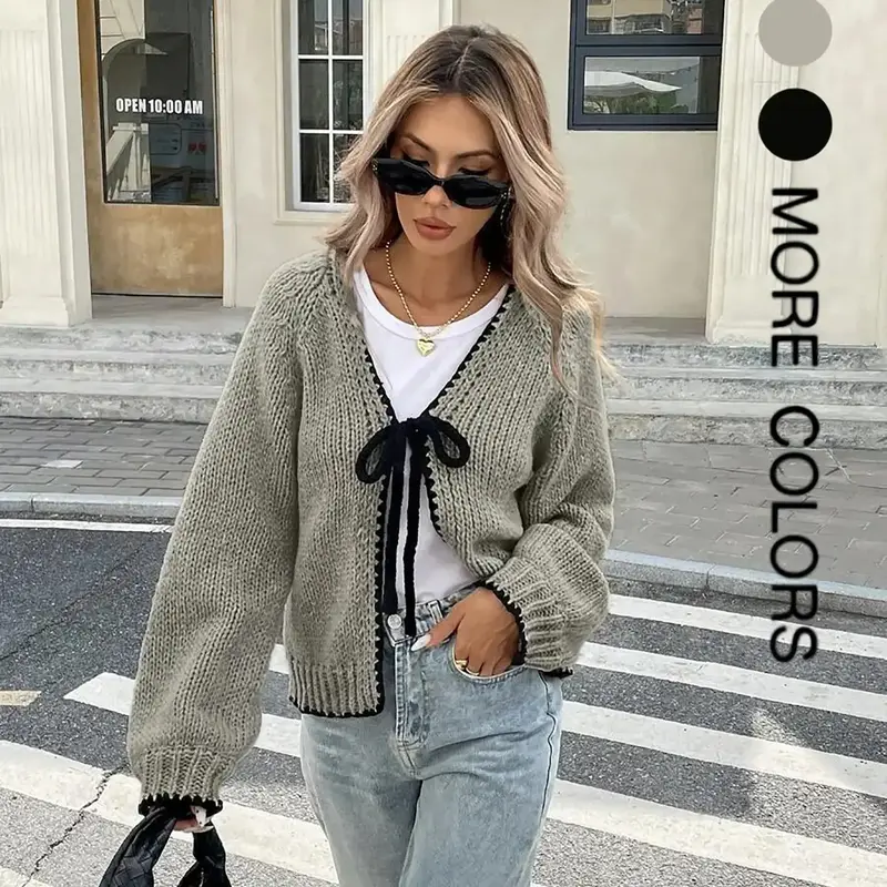 New Contrast Color Knitted Cardigan with Self-Tie Long Sleeves, Stylish Casual Knit Sweater Jacket for Women, Unique Design for Everyday Looks, Fashion