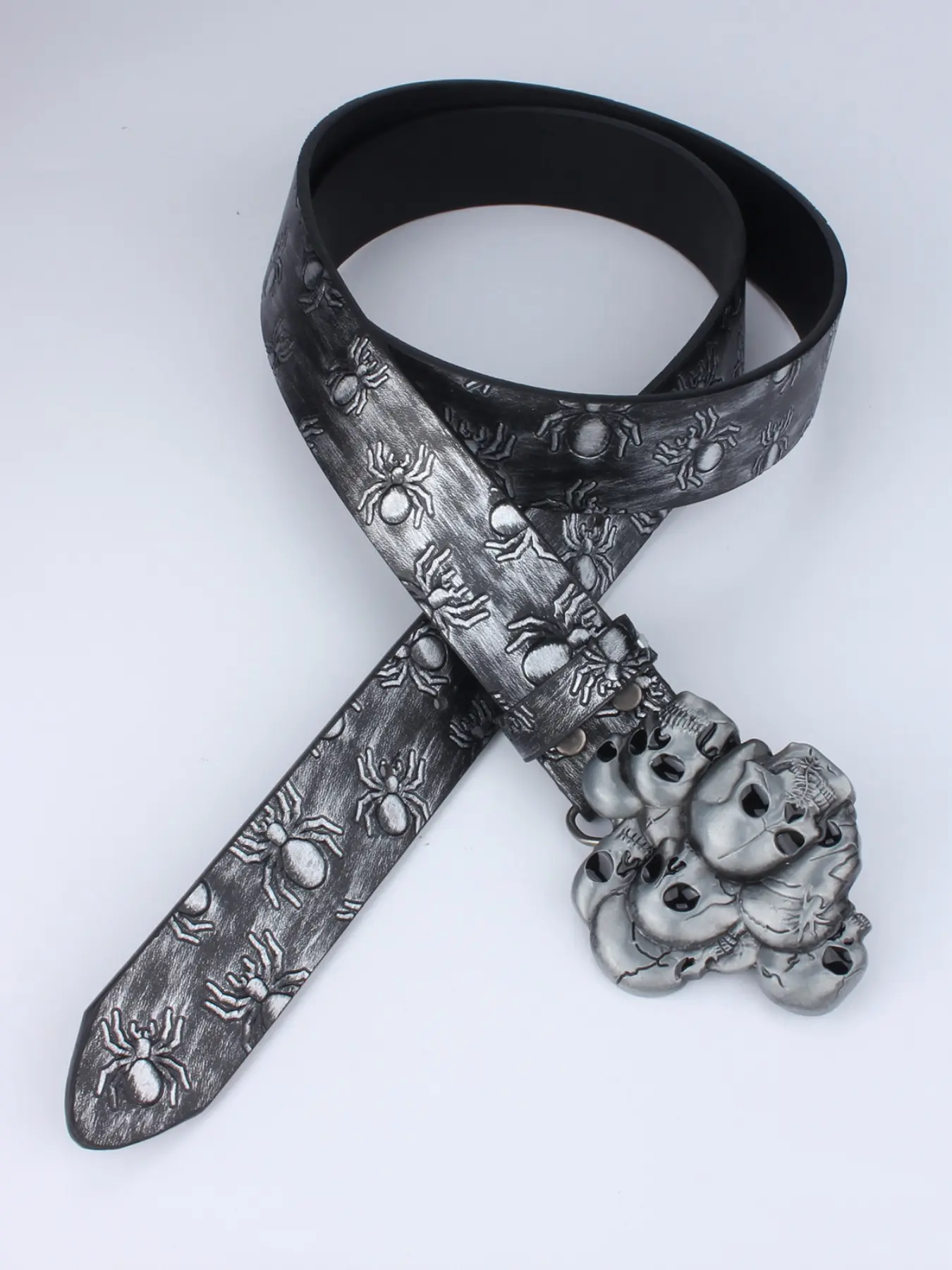 Wide Punk Fashion Belt, Dark Color Street Style, 3D Stacked Skull Buckle, Spider/skull Embossed PU Leather, Unisex Rock Festival Gothic Dress Belt