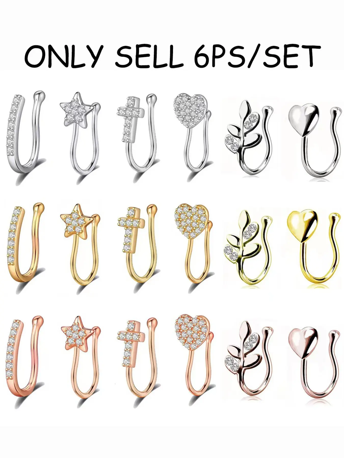 6 Pcs Non Piercing Nose Cuff Set, U Shape Fake Nose Rings with Zircon, Clip on Fake Nose Jewelry for Women, Summer Beach Accessory Gift