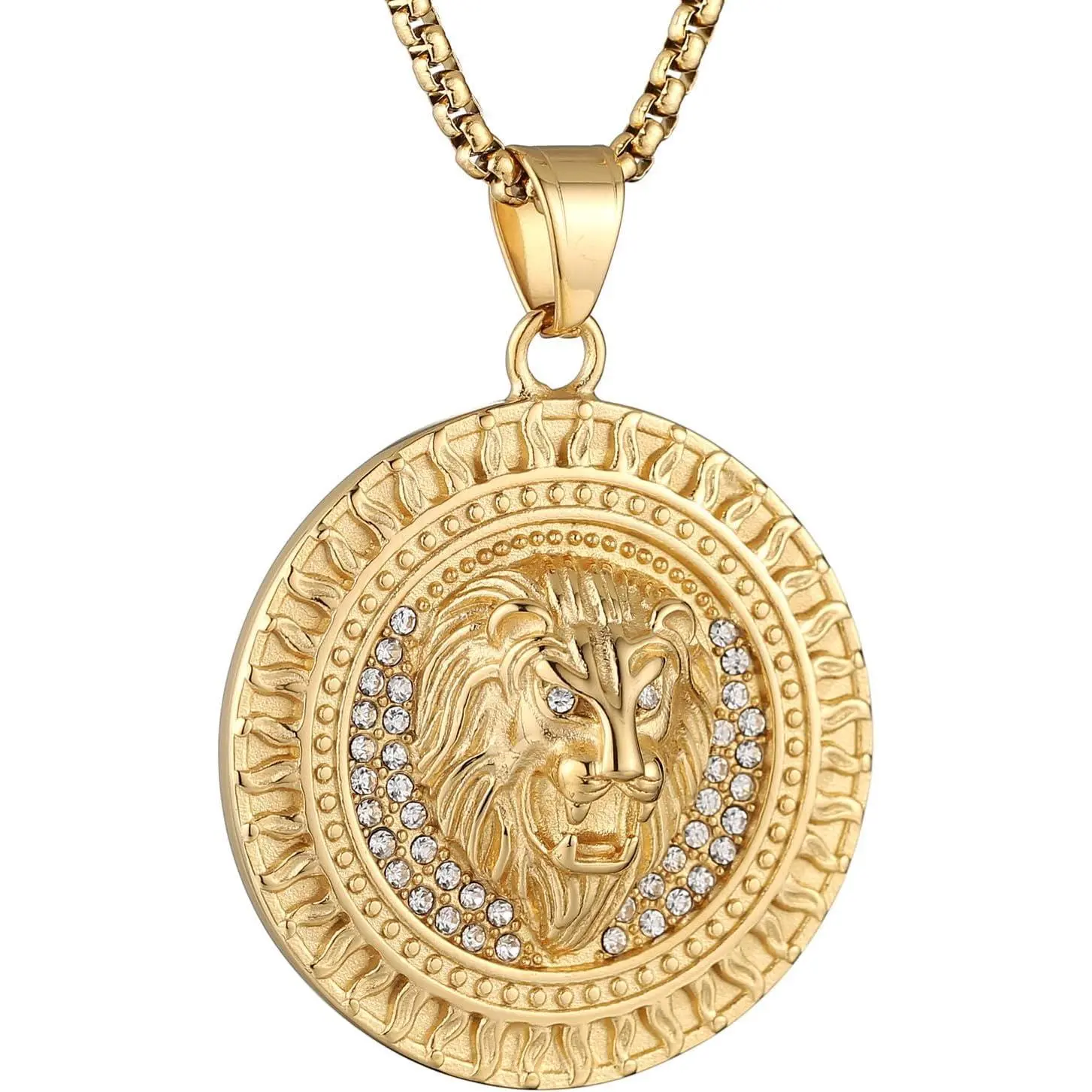 18K Gold Plated Lion Head Necklace Pendant for Men Stainless Steel Hip Hop Rock Lion King Necklaces Charm Animal Amulet Jewelry