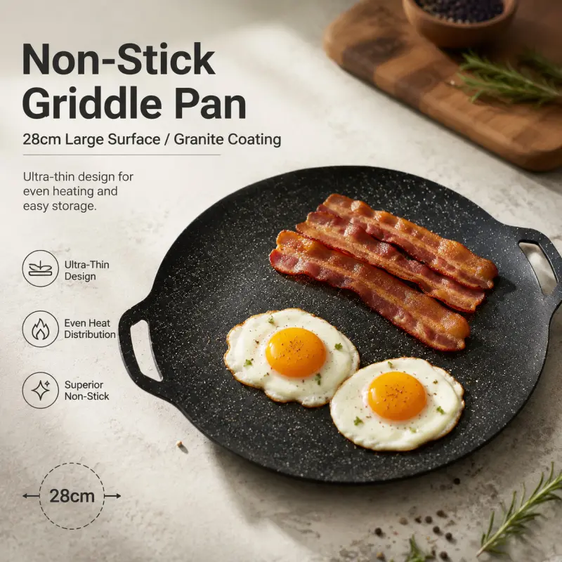 Round Non-Stick BBQ Griddle Pan with Double Handles, Low Smoke Fast Frying Multifunctional Roasting Tray for Induction Cooker Outdoor Camping Use