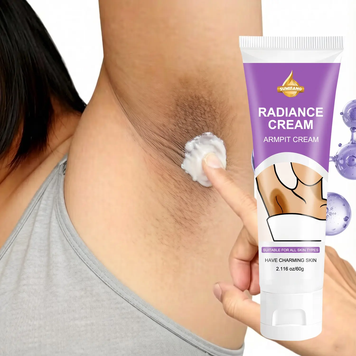 SUMIFANG Underarm Brightening Cream 60g – Hyaluronic Acid + Glycerin + Squalane – Brightens and smooths dull areas, evens out skin tone, softens rough skin, locks in long-lasting moisture; lightweight, fast-absorbing texture.