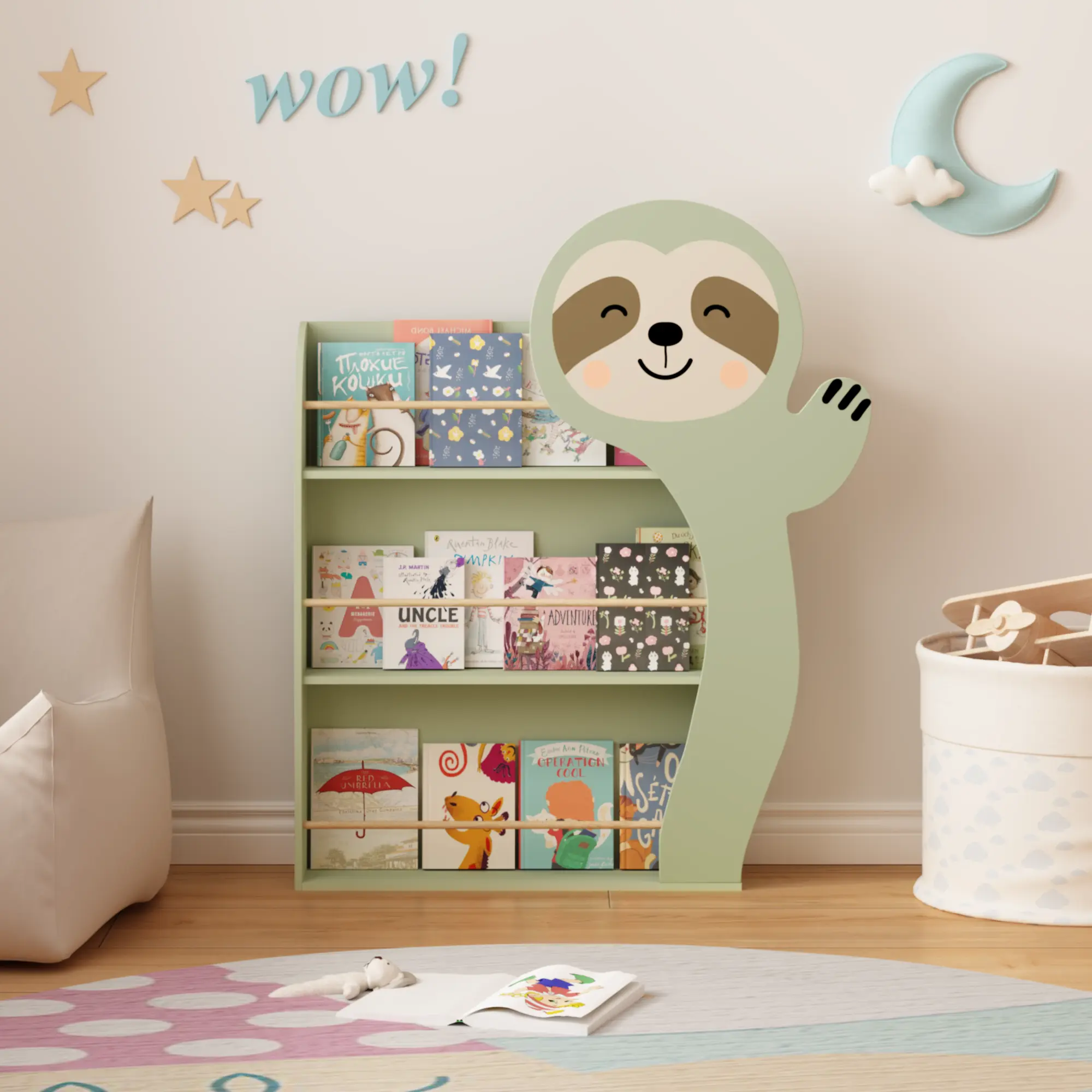 ARCH Sloth Kids Bookshelf Front-Facing Toddler Book Display Rack 3-Tier Wooden Nursery Storage Organizer Cute Animal Design for Playroom Bedroom Reading Corner Safe Sturdy Children's Bookcase Multiple Color Options, Home Furniture and Household