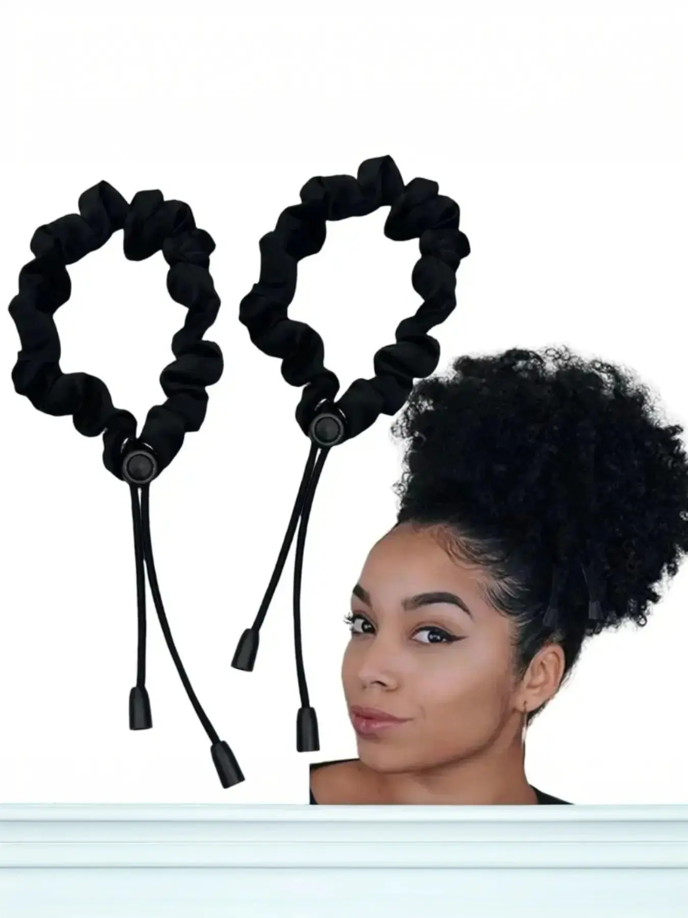 2Pcs Adjustable Satin Hair Scrunchies for Women & Girls, Silk-Soft Elastic Ponytail Holders for 4C Thick Curly Natural Hair, Easy Styling Fashionable Hair Accessories for Afro Puff & Loc Ponytails, Black, Perfect Gift for Her