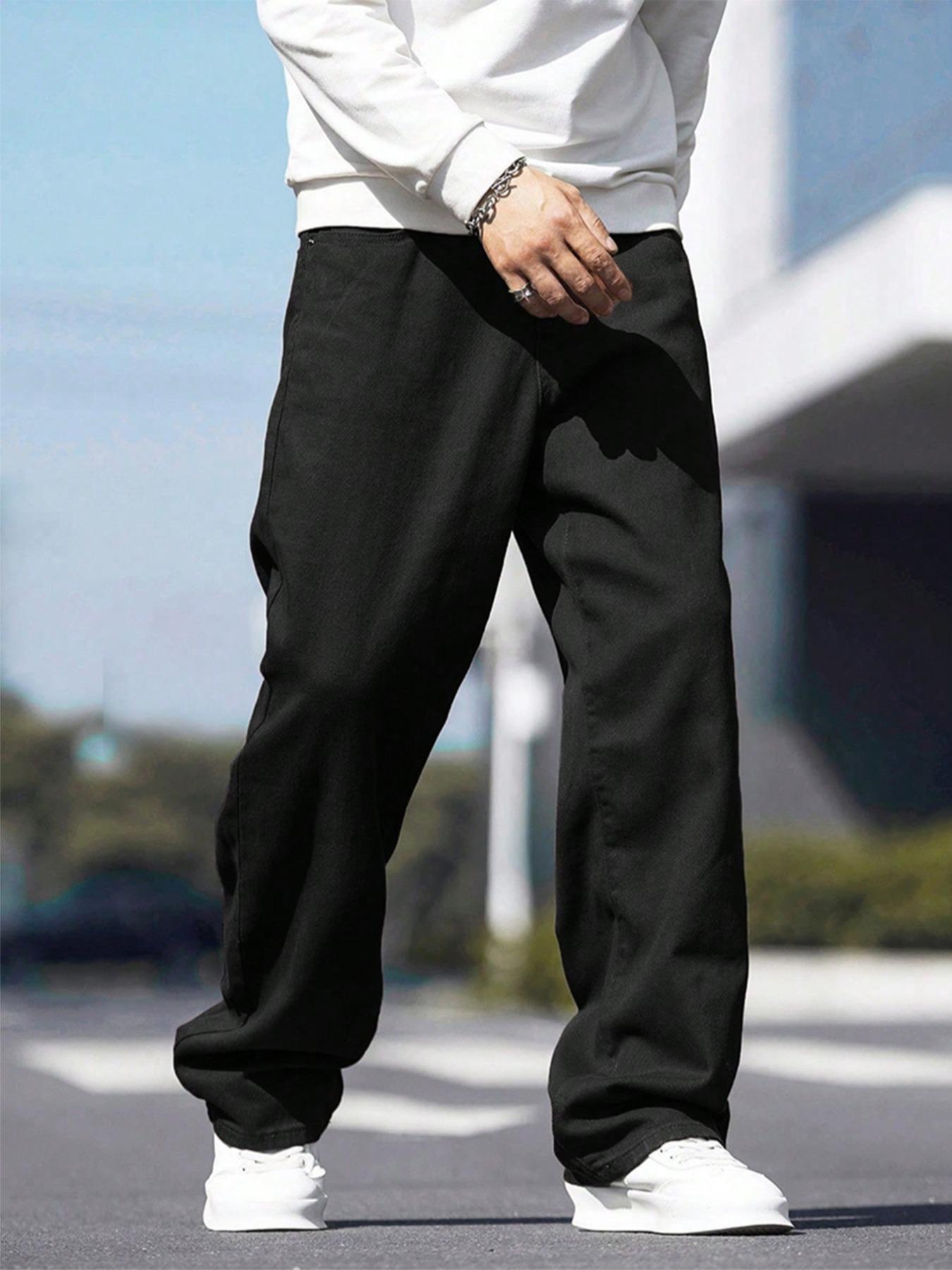 Men's Solid Wide-Leg Non Distressed Jeans - Loose Street Style, Comfort Fit, Everyday Casual Wear