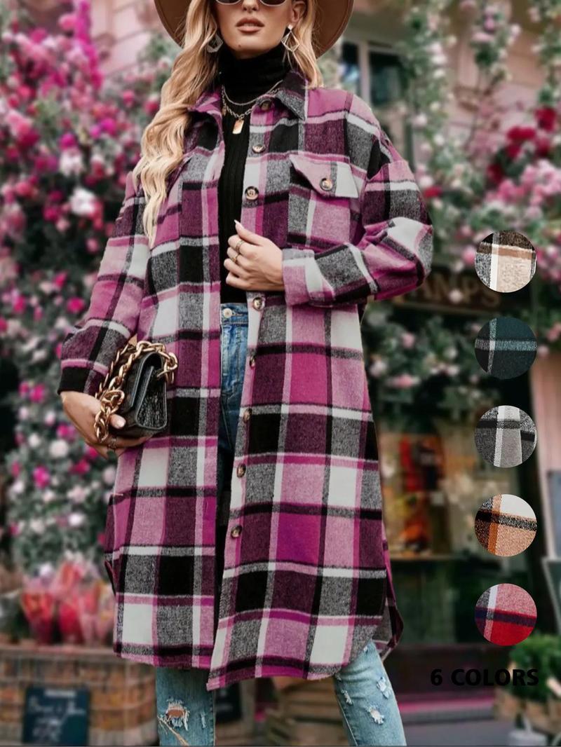 Women's Colorblock Plaid Print Button Front Drop Shoulder Coat Casual Long Sleeve Collared Pocket Coat Jackets for Fall & Winter, Women's Clothing for Daily Wear Women's Colorblock Plaid Print Button Front Drop Shoulder Coat Casual Long Sleeve Collared Pocket Coat Jackets for Fall & Winter, Women's Clothing for Daily Wear