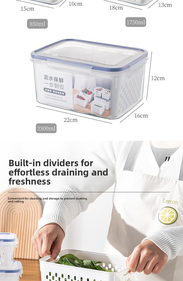 Household sealed fresh-keeping storage box, double-layer kitchen fresh-keeping box with drain basket