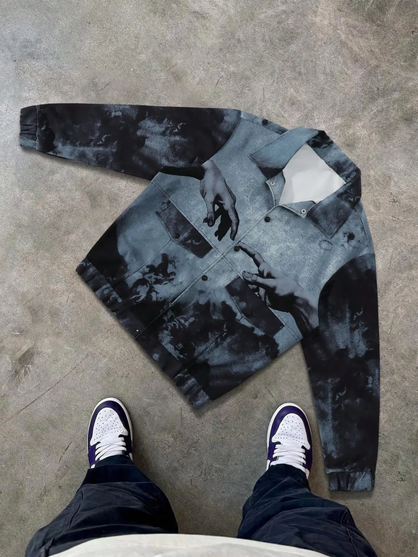 Men's Acid Wash Tie-Dye Lapel Work Long Sleeve Jacket, Michelangelo Creation Hand Art Print, Vintage Street Outerwear, Music Festival, Casual Wear