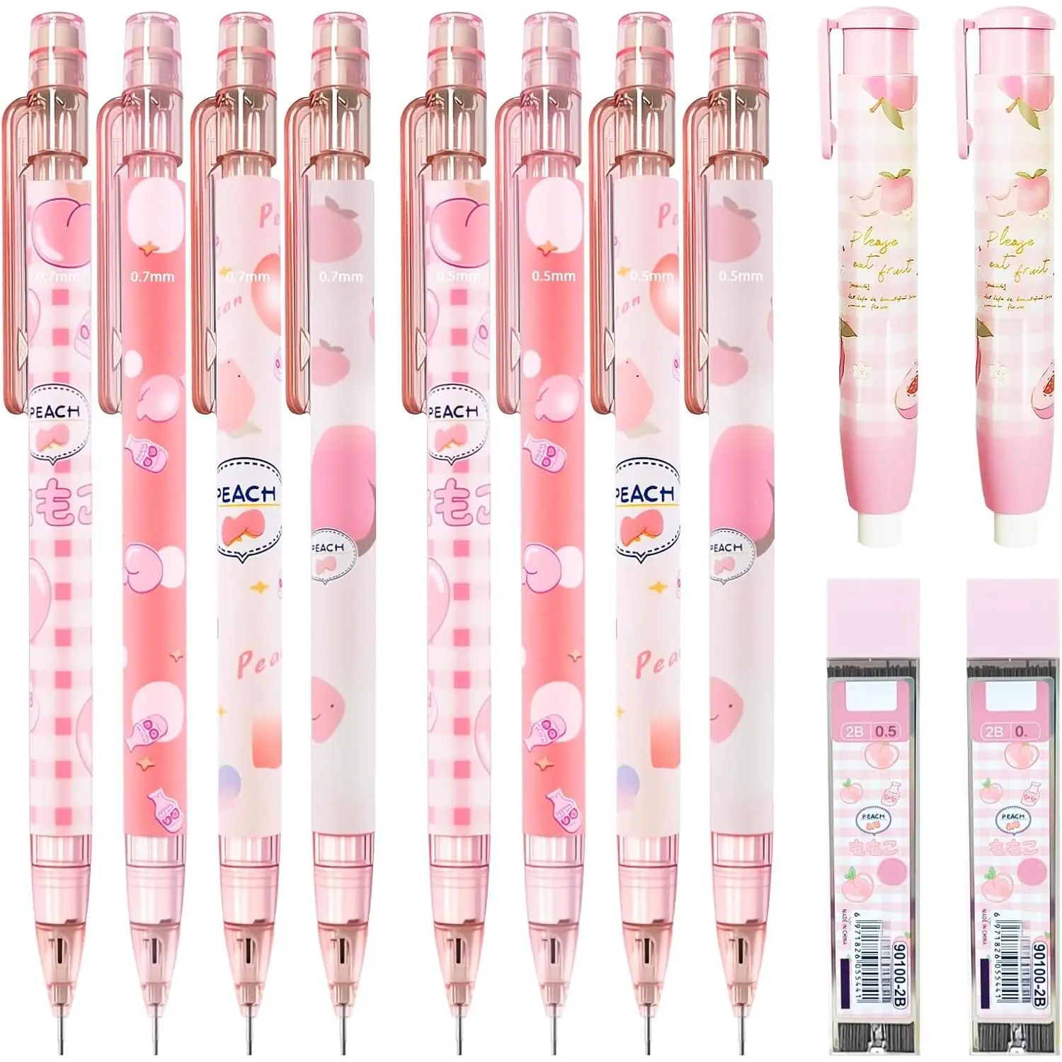 Cute   Peach Mechanical Pencil Set Include 8 count Kawaii Mechanical Pencils,2 Tubes Mechanical Pencil Lead Refills,2Pcs Erasers,for Office School Supplies