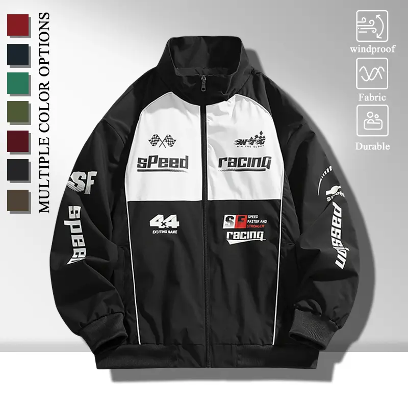 Wind Resistant Lightweight Men Stand Collar Zip Jacket, Fashion Two Tone Racing Graphic Outer Coat with Ribbed Elastic Cuffs & Zipper Storage Pockets, Comfort Loose Windproof Outerwear for All Seasons Commute Camping Jogging
