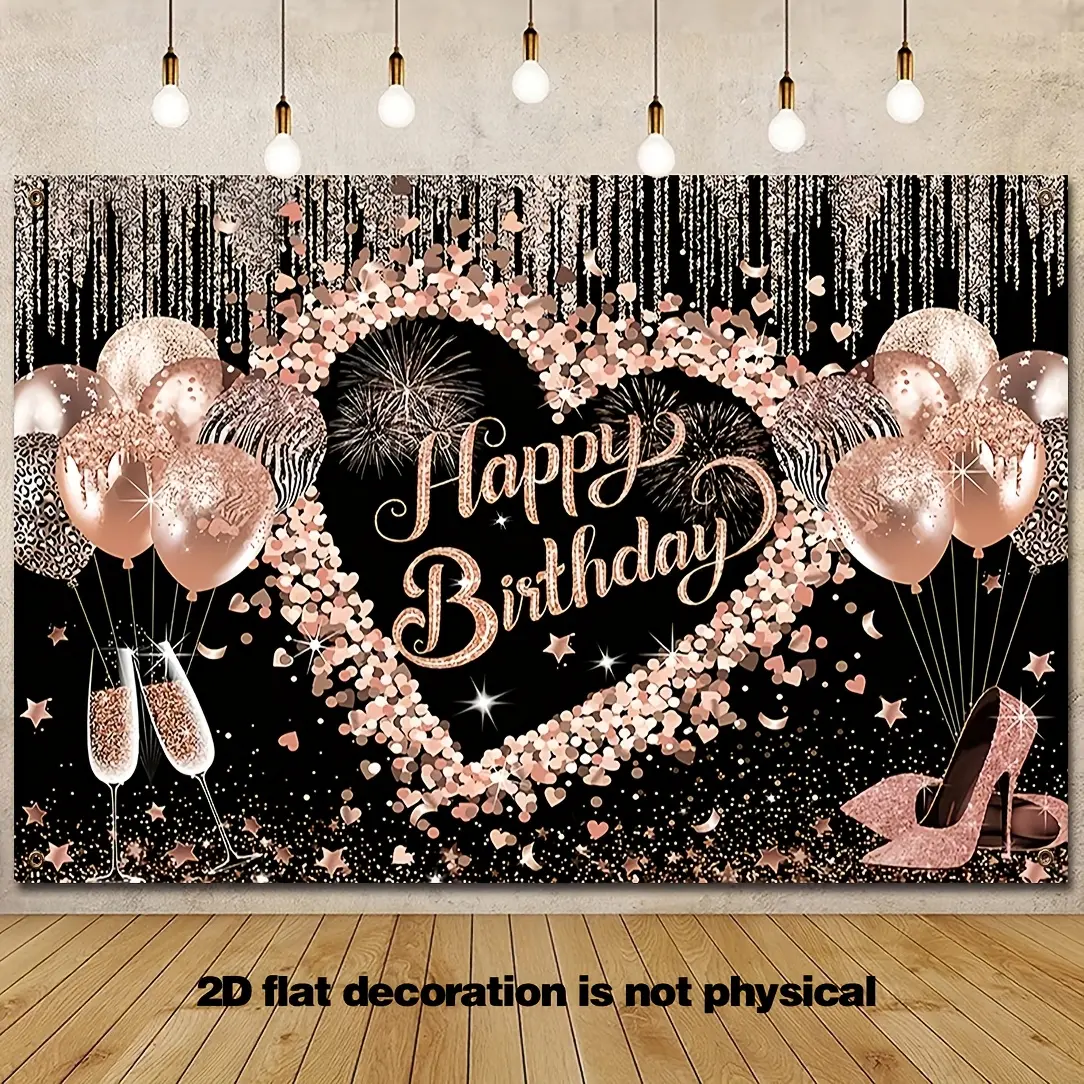 2D plane - pink glitter background, suitable for 2D plane female birthday celebrations, with balloon and heart decorations, perfect for photo booth props, Birthday Party Backdrop
