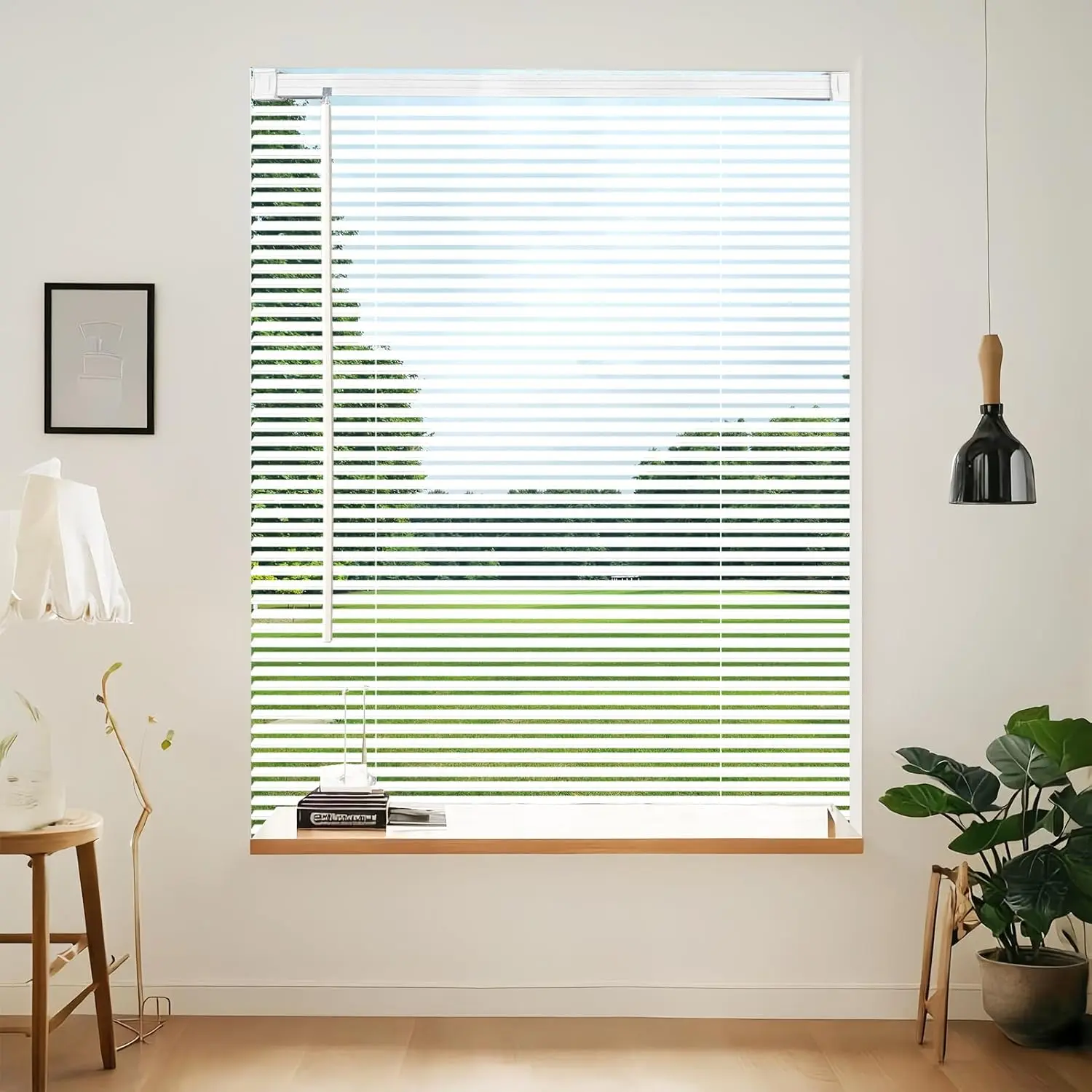 Cordless 1" Slat White Vinyl Mini L Blinds, 52" W x 48" H (Arrives 0.5" Narrower), Easy to Install Fade Resistant 100% Privacy Horizontal Blinds for Bathroom, Family Room, Door, Camper Light Filtering Interiors