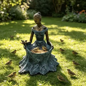 Girl Bird Feeder for Garden, Patio, Winter Use, Squirrel-Proof, Attracts Hummingbirds, Sparrows, Handmade Resin Decorative Statue