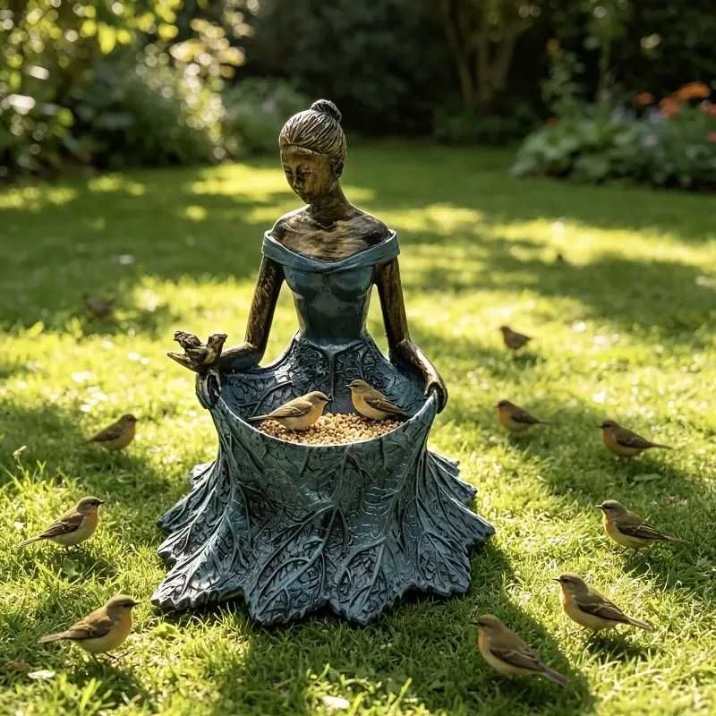 Girl Bird Feeder for Garden, Patio, Outdoor, Durable, Winter Use, Squirrel-Proof, Attracts Hummingbirds, Sparrows, Handmade Resin Decorative Statue, Bird Feeders for Outdoors