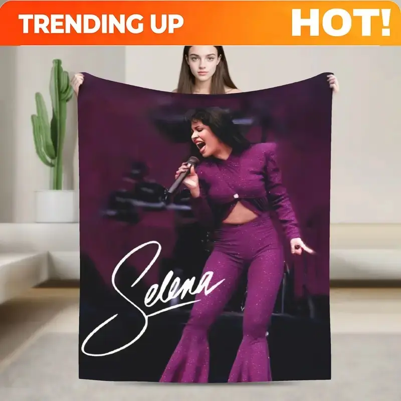 Selena Quintanilla Live Concert Flannel Throw Blanket Sparkly Purple Stage Outfit Performance Photo White Selena Signature Dark Background Soft Fleece Blanket Sofa Decor Gift For Tejano Music Fans