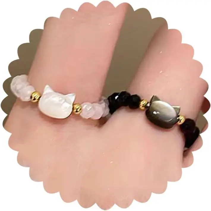 2 count Cute  Ring for Women Black White Beaded Kitten Ring for Couples Bestie Trendy Cats Statement Rings  Ring Creative Thumb Finger Rings  Lover Gifts Birthday Christmas