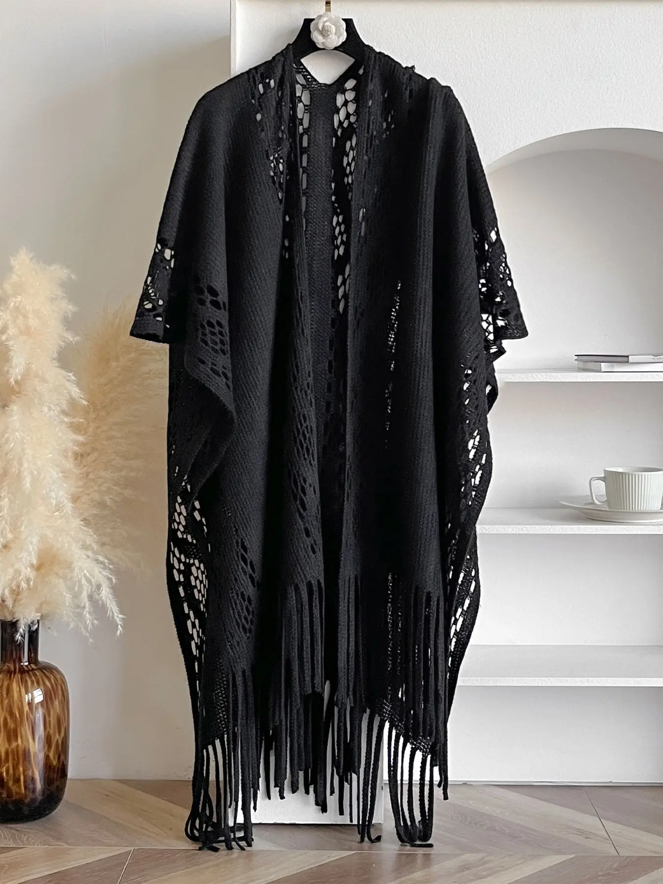 Women's Plain Hollow Out Shawl, Fashionable Daily Wear Accessory, Elegant Fringe Split Scarf, Suitable for All Seasons, Fashion Knit Shawl, Fringe Trim Shawl, Boho Shawl Wrap